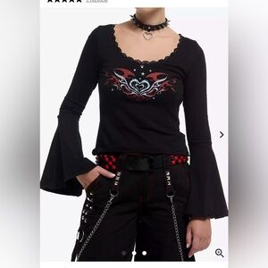Hot Topic Y2K Flame Heart Bell Sleeve Black Gothic Top Size S